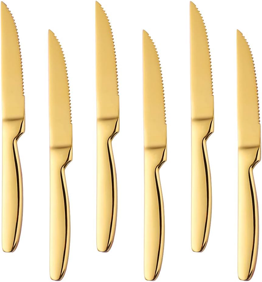 Stainless Steel Serrated Steak Knife Set of 6, BuyGo Gold Color Heavy Duty Dinner Table Knives for Cutting Meat, Beef, 8.6 Inch, Dishwasher Safe