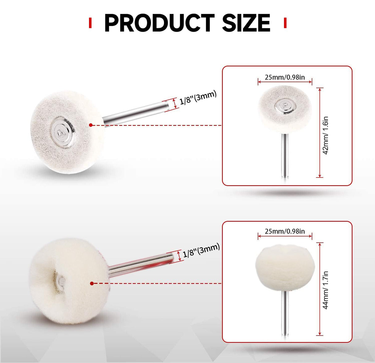 50 PCS 1 Inch Wool Felt Polishing Accessory Kits, 25 Each Spherical/Flat Buffing Wheels for Proxxon Dremel Rotary Tool - 1/8" Shank, Ideal for Wood Metal Jewelry and Glass Polishing