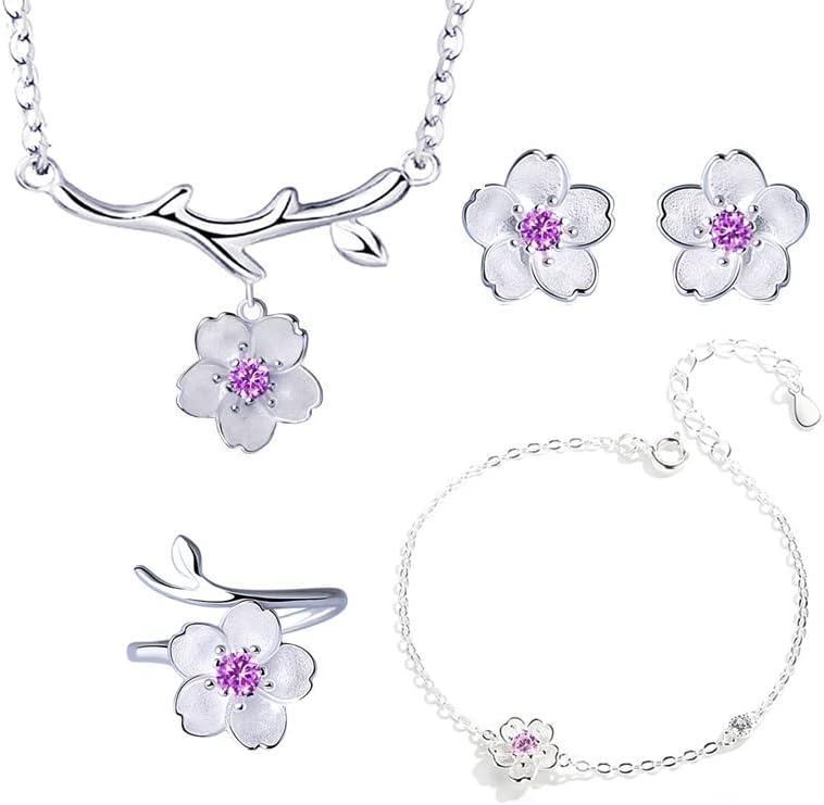925 Sterling Silver Jewelry Sets Romantic Cherry Blossoms Flower Necklace+Earrings+Ring+Bracelet For Women Gift