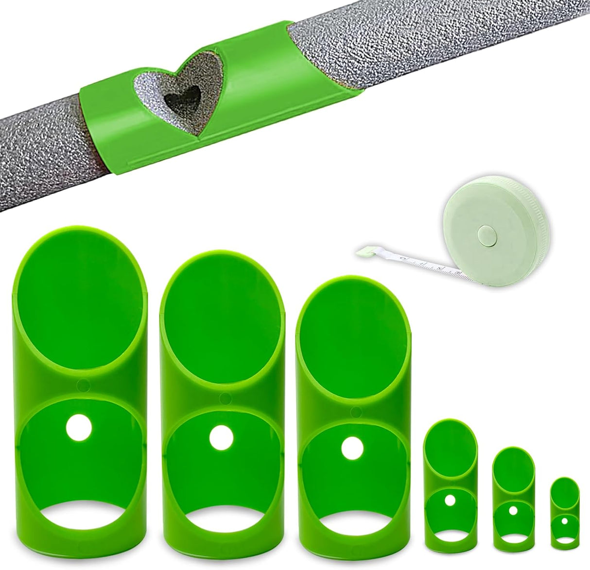 6PCS Pipe Insulation Cutting Guide, Molded Foam Pipe Cutter Tool with 15MM-53MM Insulation Cutting Fixture for Home/Industrial/Commercial Plumbing + Bonus 59" Tape Measure (Green)