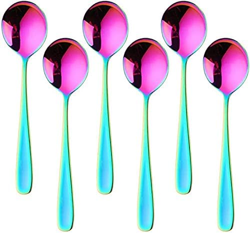 7-Inch Soup Spoons, 6 Pieces Bouillon Spoon,18/10 Stainless Steel Finished Table Dinner Spoons Set of 6 (Rainbow)
