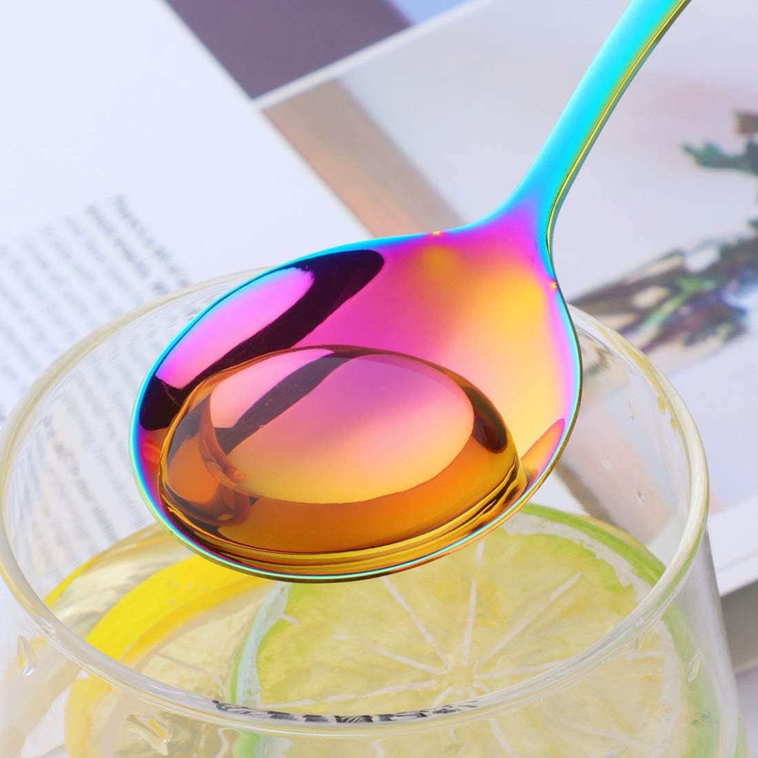 7-Inch Soup Spoons, 6 Pieces Bouillon Spoon,18/10 Stainless Steel Finished Table Dinner Spoons Set of 6 (Rainbow)