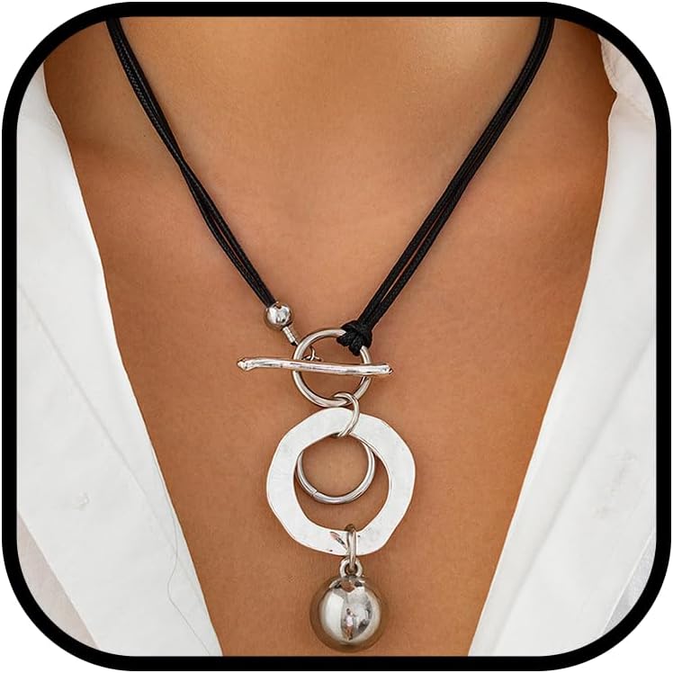 Silver Necklaces For Women, Double Layer Rope Chain Silvery Circular And Spherical Pendants Geometric Minimalist Style Jewelry Gift