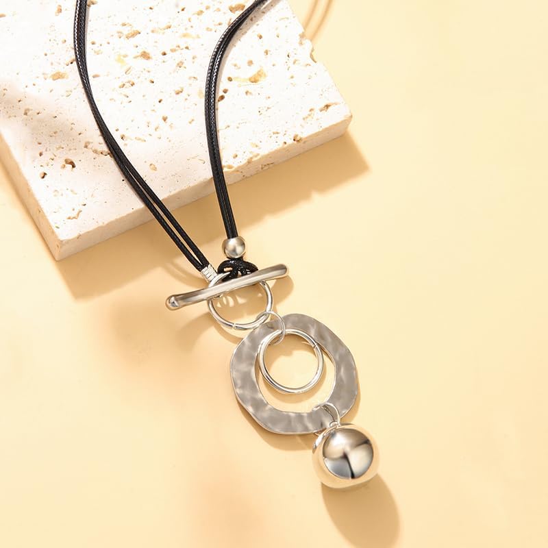 Silver Necklaces For Women, Double Layer Rope Chain Silvery Circular And Spherical Pendants Geometric Minimalist Style Jewelry Gift