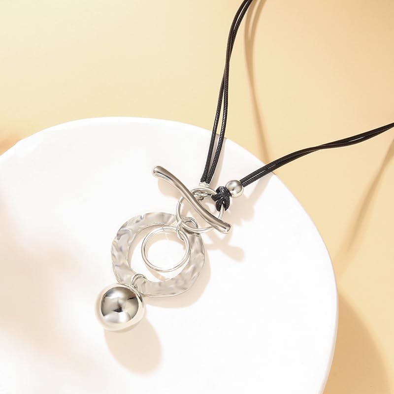 Silver Necklaces For Women, Double Layer Rope Chain Silvery Circular And Spherical Pendants Geometric Minimalist Style Jewelry Gift