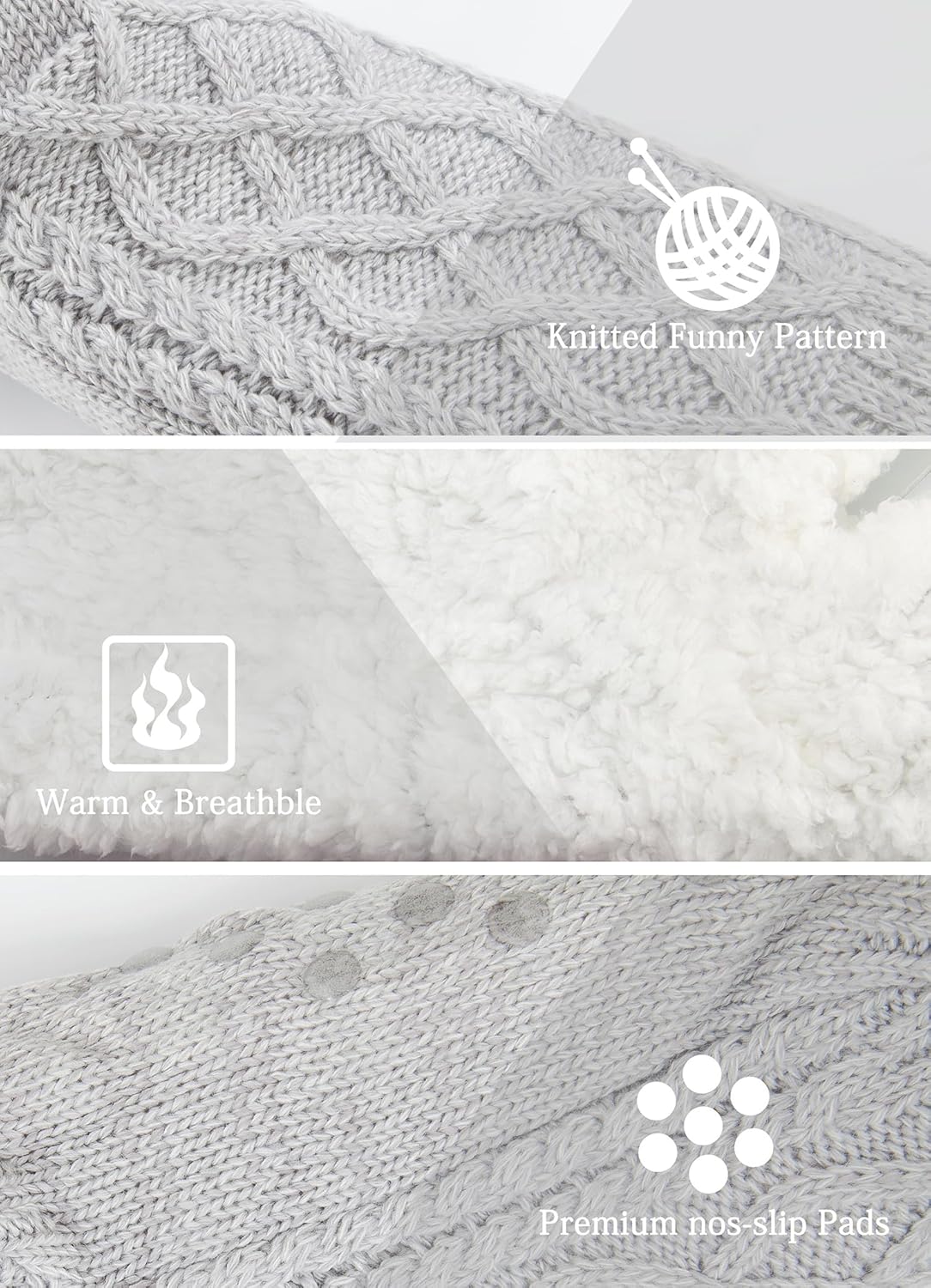 Women Knitted Slipper Socks Cozy Sherpa Fuzzy Non Slip Winter Indoor Double Layer Bedroom Grey Medium Wide