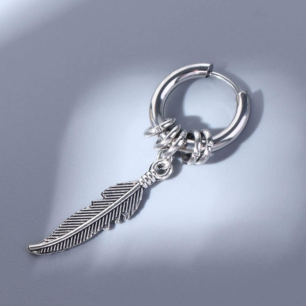 Stainless Steel Feather Design Hoop Earrings, Punk Rock Style Earrings Jewelry, Vintage Leaf Alloy Silver