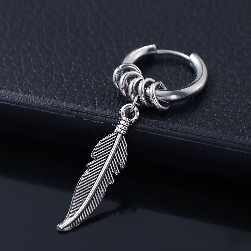 Stainless Steel Feather Design Hoop Earrings, Punk Rock Style Earrings Jewelry, Vintage Leaf Alloy Silver