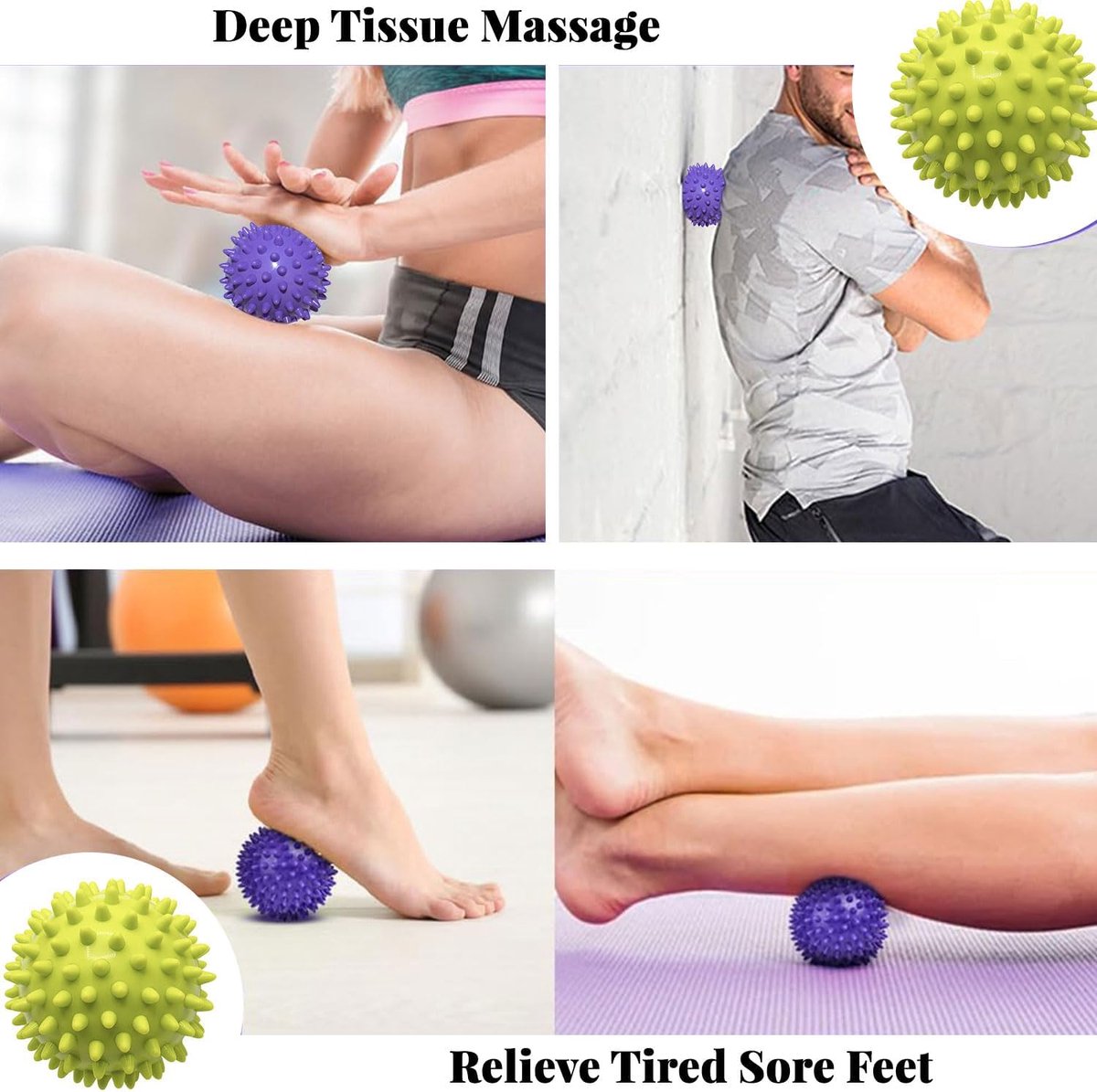 Massage Balls (Set of 2) - Trigger Point Balls - Massage Balls with Relief Points - Pointed Balls - Hedgehog Balls - Massage Balls - Trigger Point Exercise Balls - For Massaging Hand, Leg, Shoulder, Hip and Foot Muscles (Green/Purple 7.5 cm)