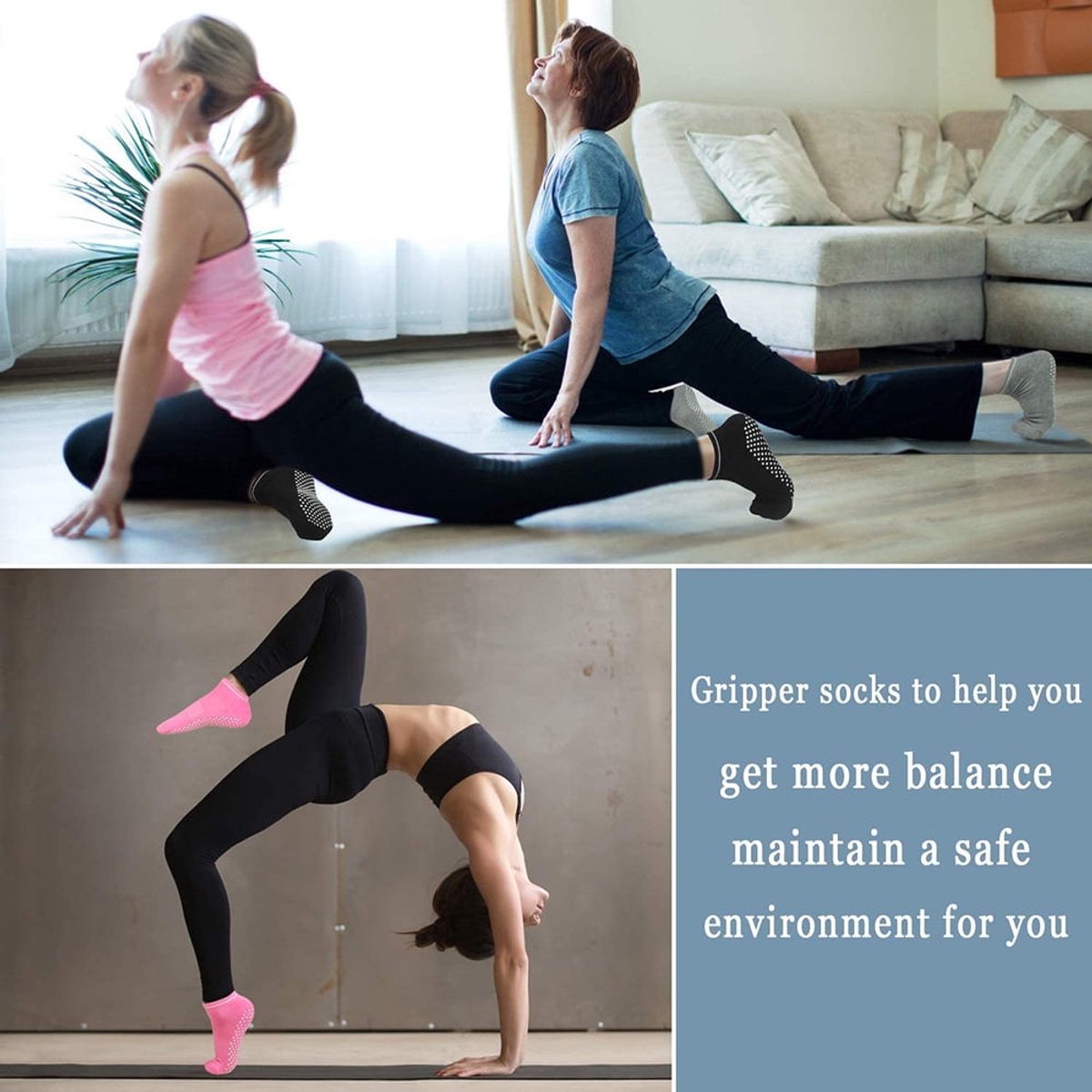 Non-slip socks - Pack of 4 pairs - Yoga and trampoline socks - Non-slip texture - Suitable for family use (black + light gray + pink + purple)