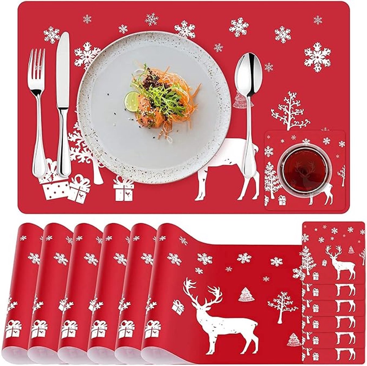 Placemats - Set of 12 - Christmas placemats - including coasters, Christmas placemats - heat-resistant and waterproof - suitable for Christmas parties and table decorations (Red)