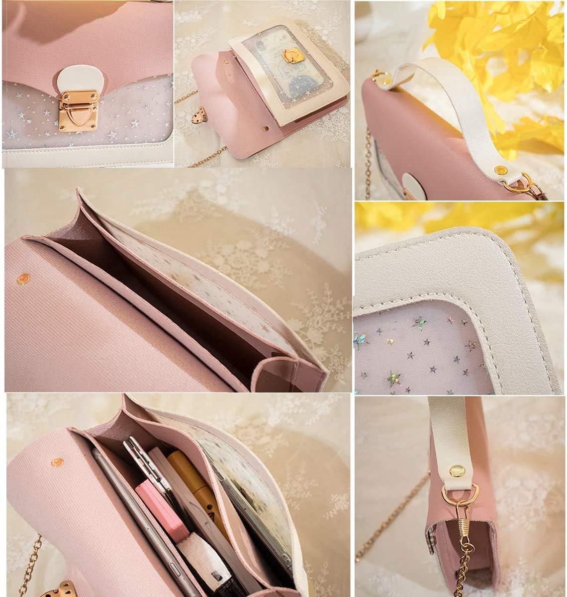 Pink Stars Handbag for Girls - Detachable Chain - Three Compartments - Large Capacity - Handbag