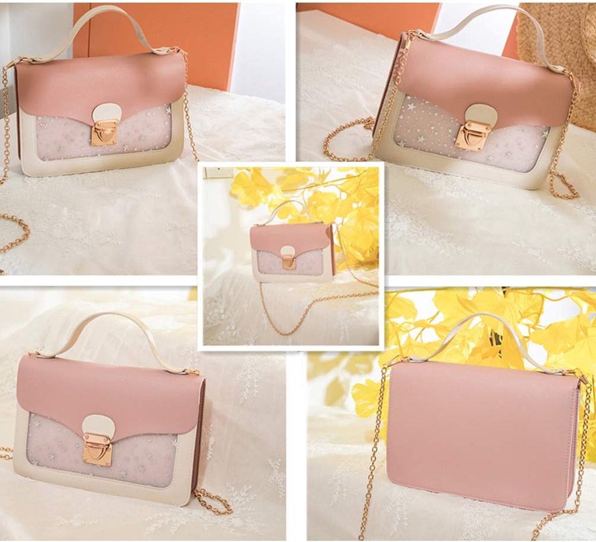 Pink Stars Handbag for Girls - Detachable Chain - Three Compartments - Large Capacity - Handbag