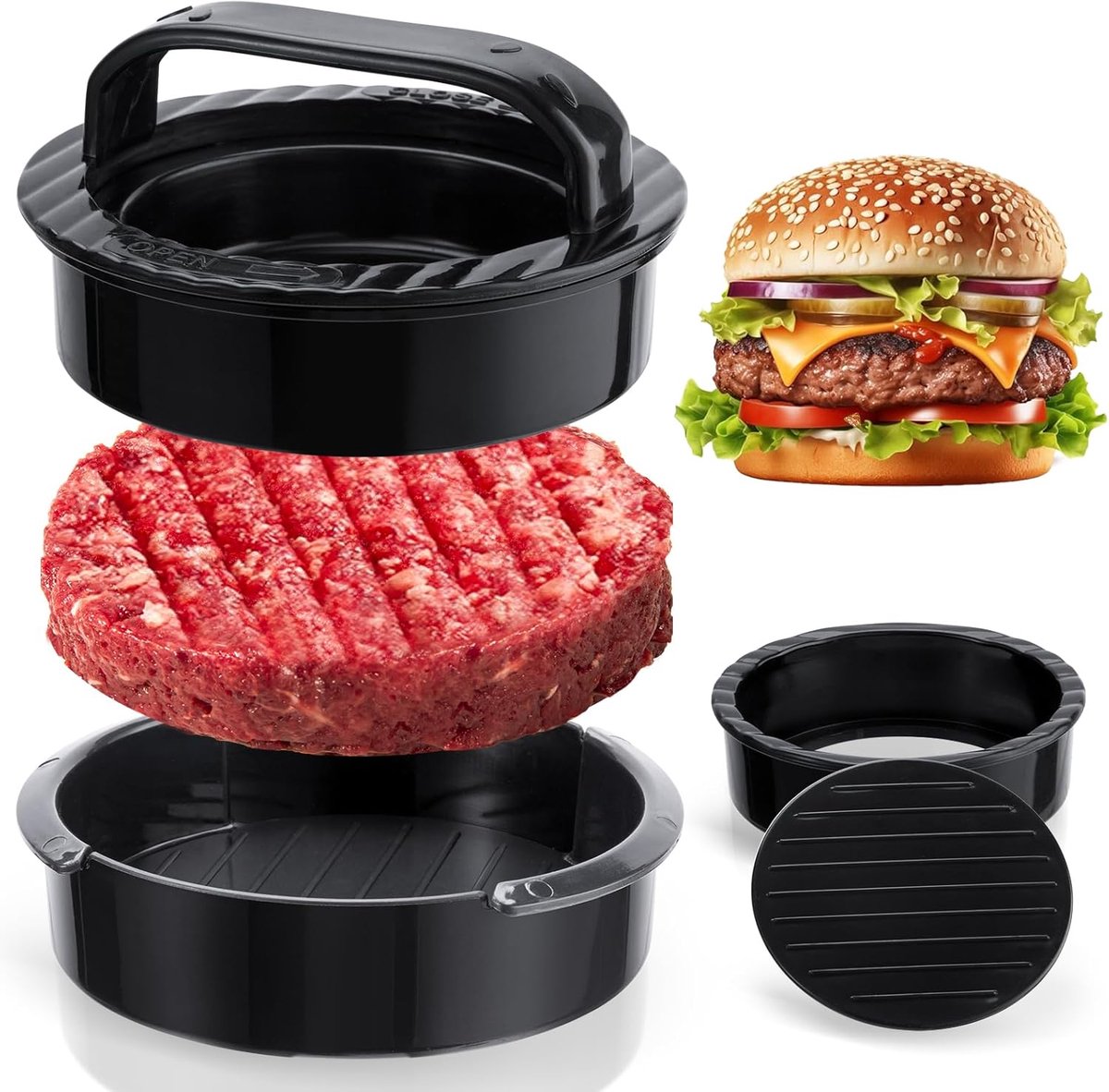 3-in-1 Hamburger and Hamburger Press - Hamburger Mold - Non-stick, Durable Patty Maker for Stuffed Burgers and Sliders - Easy to Clean - Black