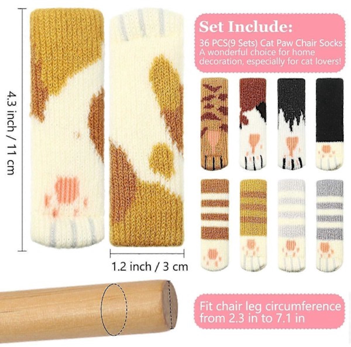 Furniture Socks - 36 pieces (9 sets) - Cat chair socks - Cat paw chair leg socks - Cat furniture socks - Knitted furniture socks