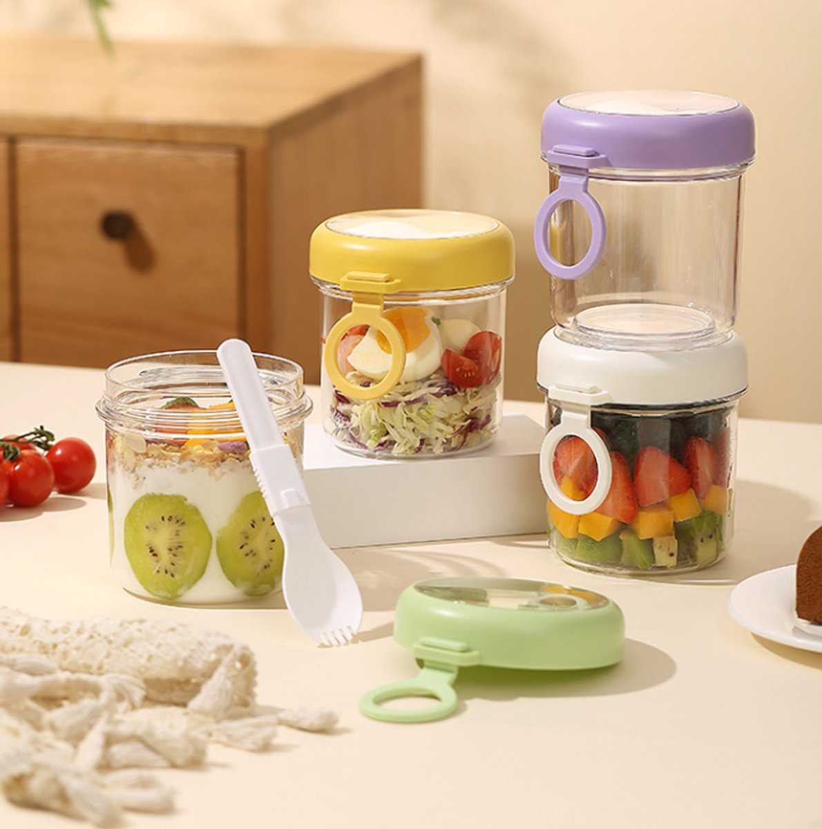 Yogurt Cup to Go - 880 mL - Muesli Cup - Oats Pots - Soup Cup - Lunch Cup - Lunch Pot - Leak-Proof - Insulated - with Spoon - Dishwasher Safe - White