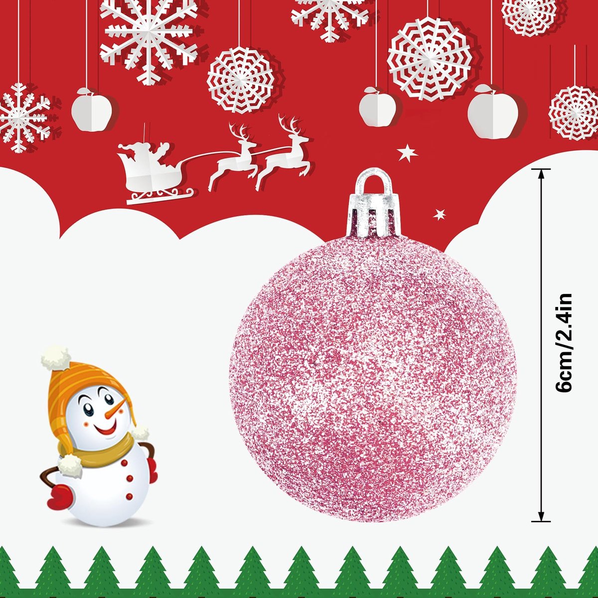 Christmas Baubles - Pack of 24 - Large Size, 6cm Diameter - Unbreakable Plastic - Christmas Tree Decoration - Various Christmas Bauble Decorations Suitable for Weddings, Mother's Day Party Decorations (Pink)