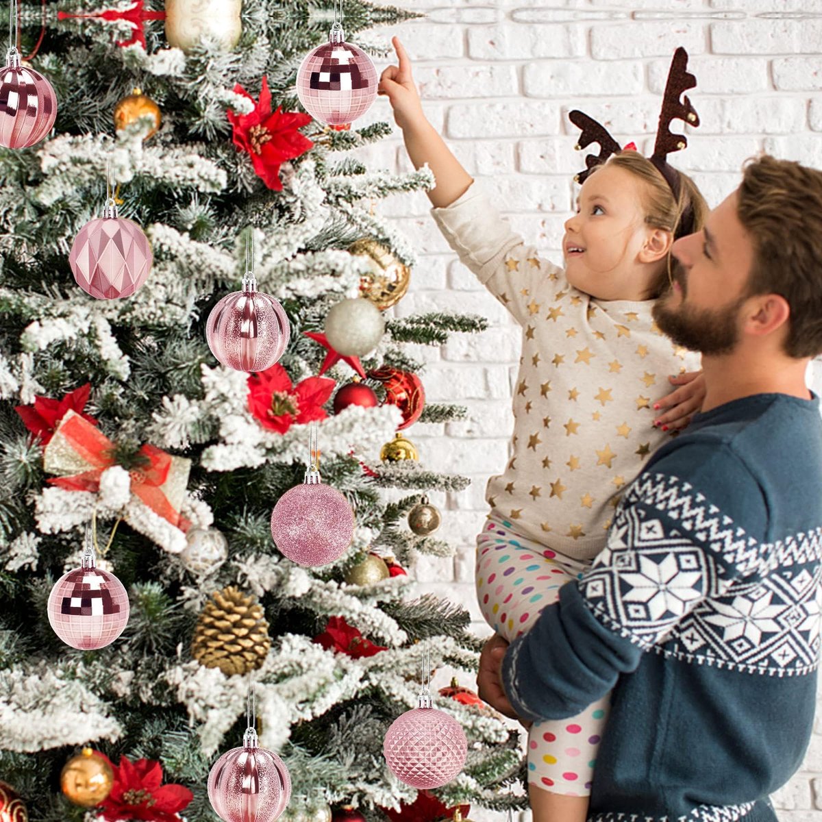 Christmas Baubles - Pack of 24 - Large Size, 6cm Diameter - Unbreakable Plastic - Christmas Tree Decoration - Various Christmas Bauble Decorations Suitable for Weddings, Mother's Day Party Decorations (Pink)