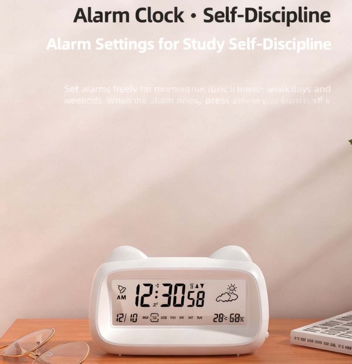 Alarm Clock - Digital Alarm Clock - Digital Clock - Smart Alarm Clock - Electronic Calendar - Cat-shaped Alarm Clock with Light - Real-time Temperature and Humidity Monitoring - Weather Display - Large Night Light Screen - USB Charging(White)