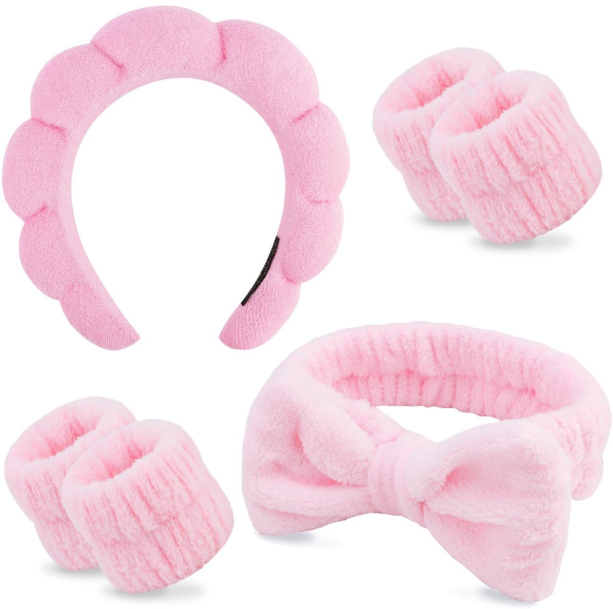 Winter Headband for Women - Set of 4 - Pink Makeup Headband and Wristband Set - Suitable for Facial Cleansing and Skin Care - Christmas Gift - Birthday Gift, Gift for Girls