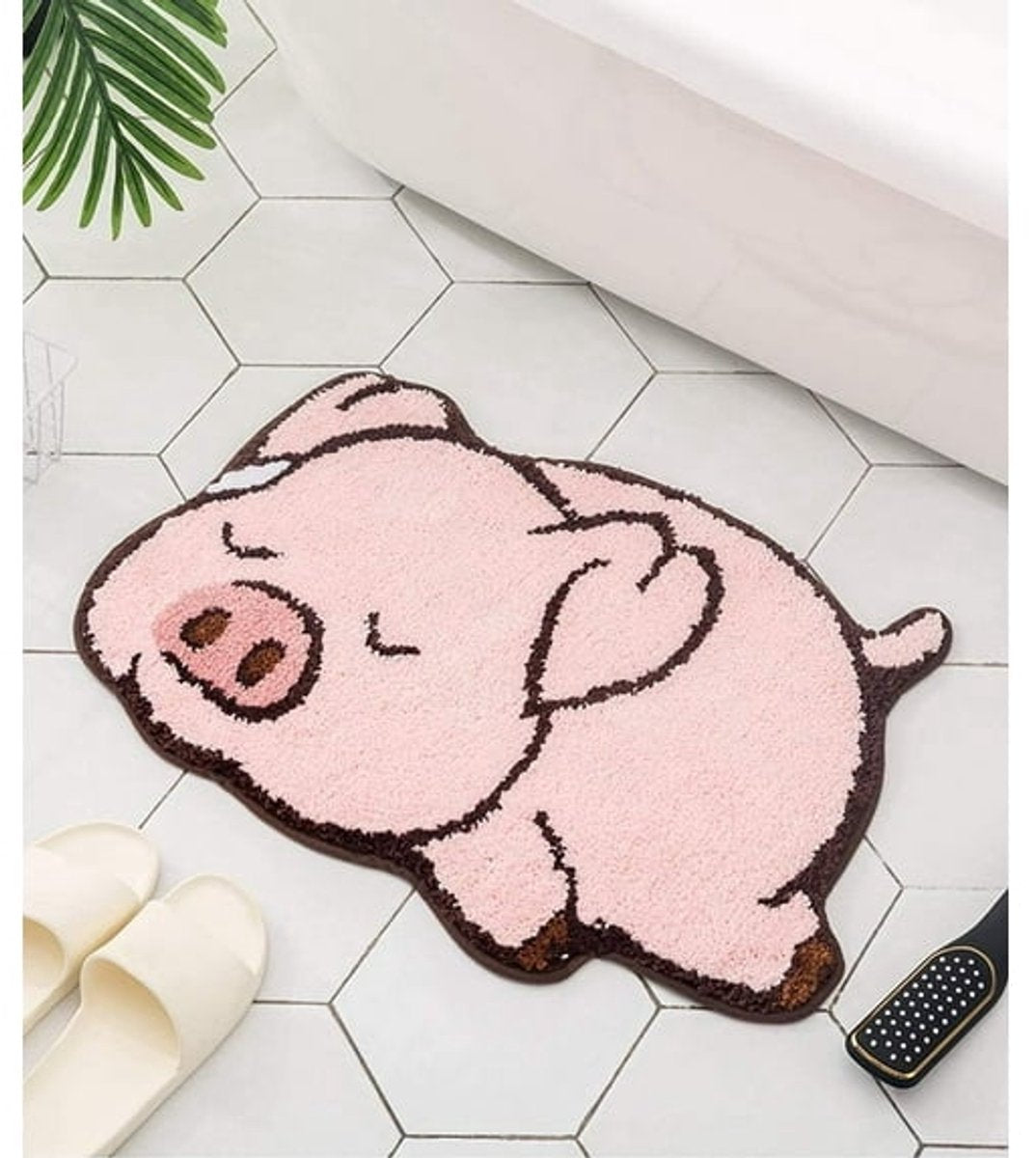 17.7*25.6in Thick and soft pink bath mat with pig motif - bathroom showroom - non-slip bath mat - home decoration - (sleeping pig)
