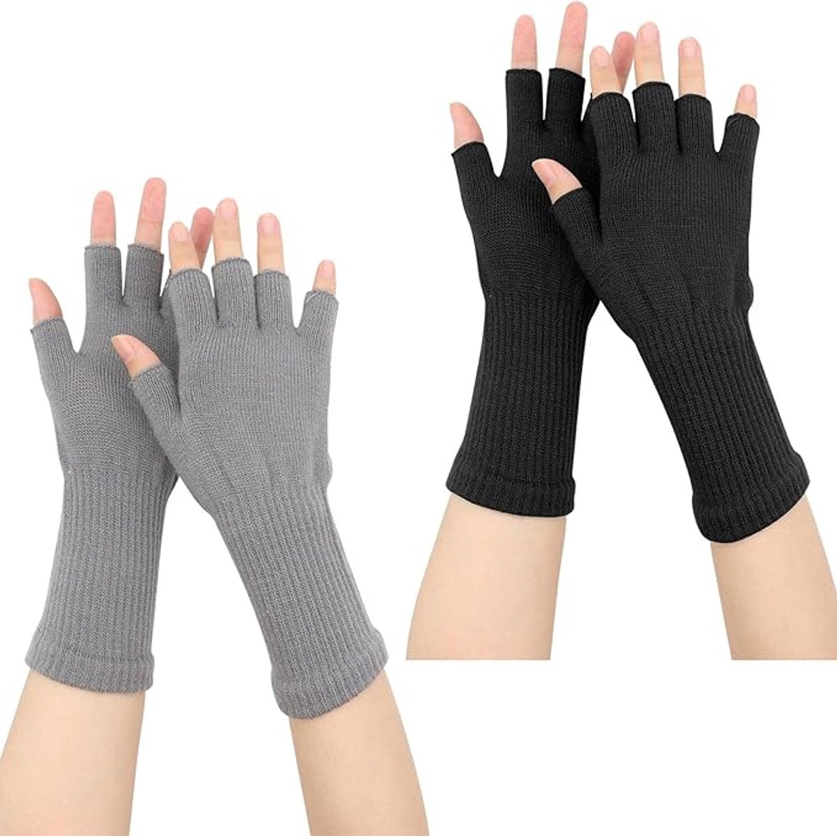 2 pairs of fingerless gloves - plain gloves for fall and winter - warm gloves with half fingers - long knitted - fingerless gloves - one size fits all - wristbands - black and gray