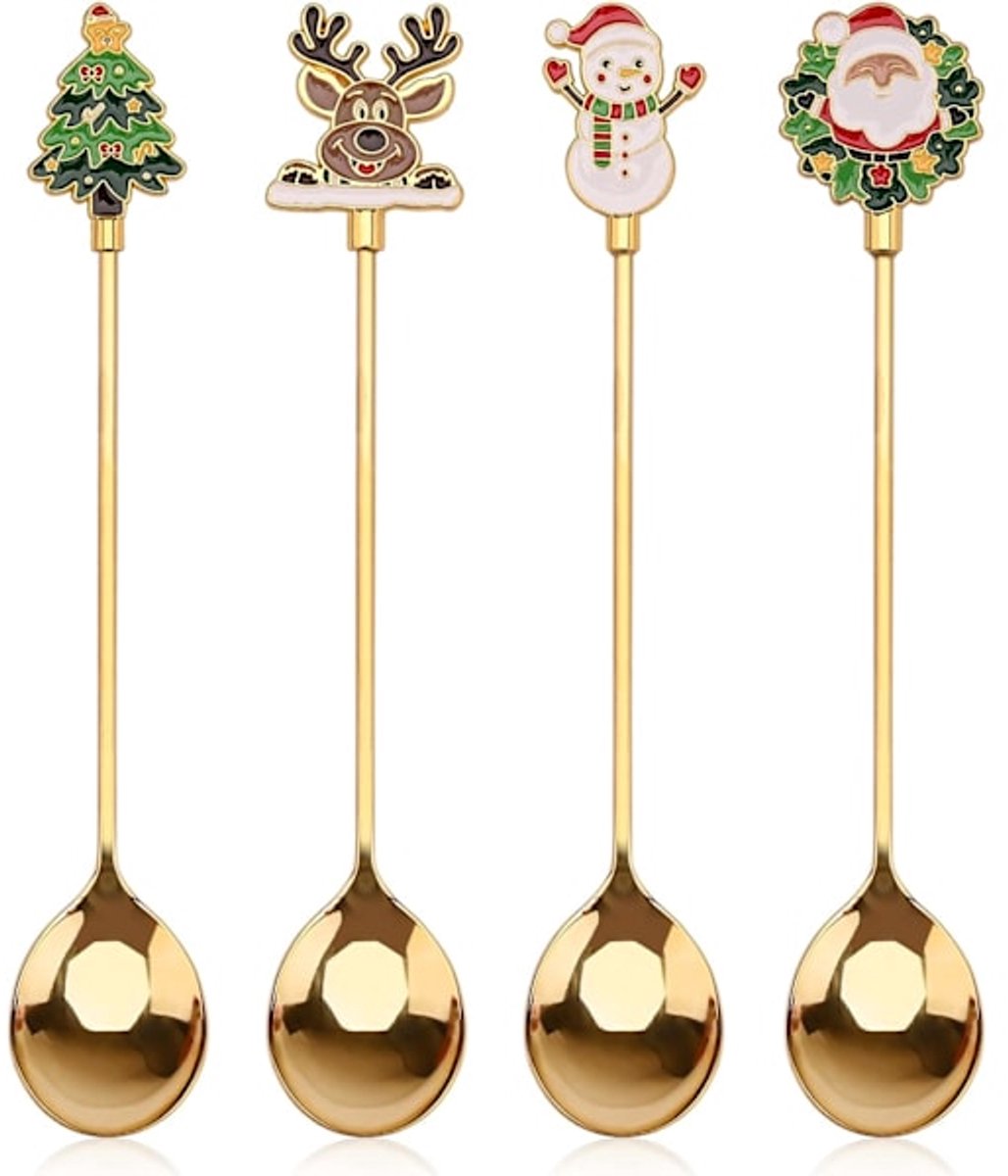 Teaspoons - 4 spoons - Christmas tableware - Silver dessert spoons - Decorated with Christmas trees, reindeer, snowmen and Santa Claus - Suitable for desserts, tea and soup
