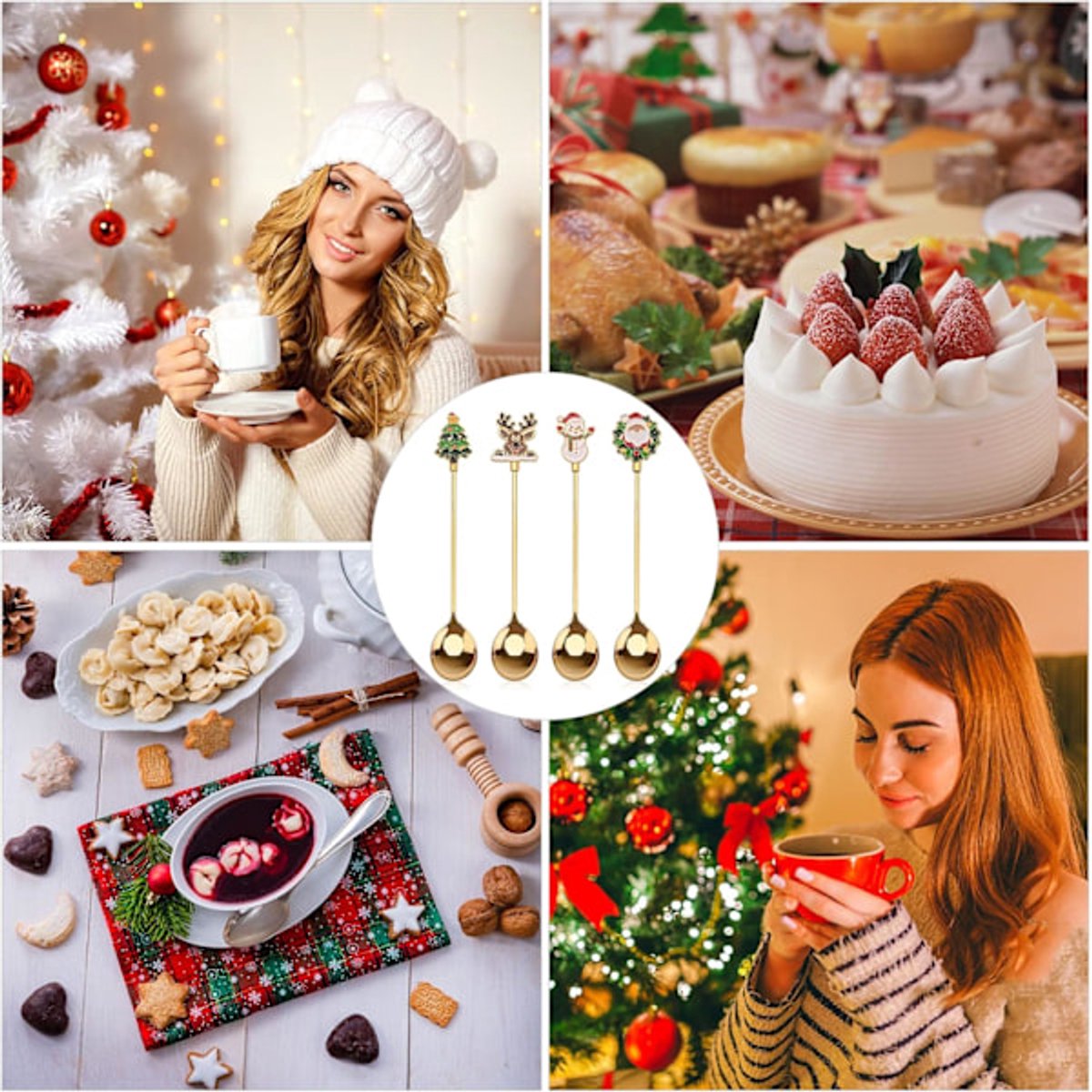 Teaspoons - 4 spoons - Christmas tableware - Silver dessert spoons - Decorated with Christmas trees, reindeer, snowmen and Santa Claus - Suitable for desserts, tea and soup
