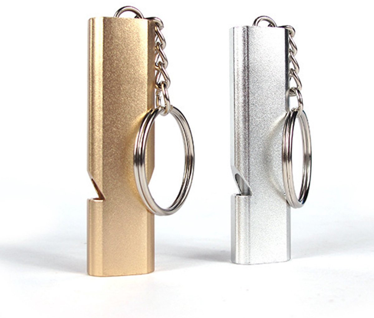 Whistles - Emergency Survival Whistles - Set of 2 - Extra Loud Aluminum Whistles for Outdoor Use - Slim Double-Barrel Rescue Whistles - Suitable for Swim Training, Camping, Hiking, Hunting, Boating and Other Activities (Gold + Silver)