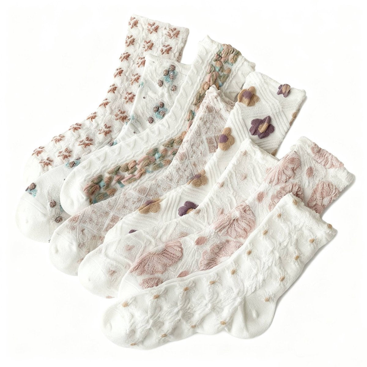 8 pairs of socks - retro women's socks - versatile mid-calf - 3D relief art fresh - women's stockings