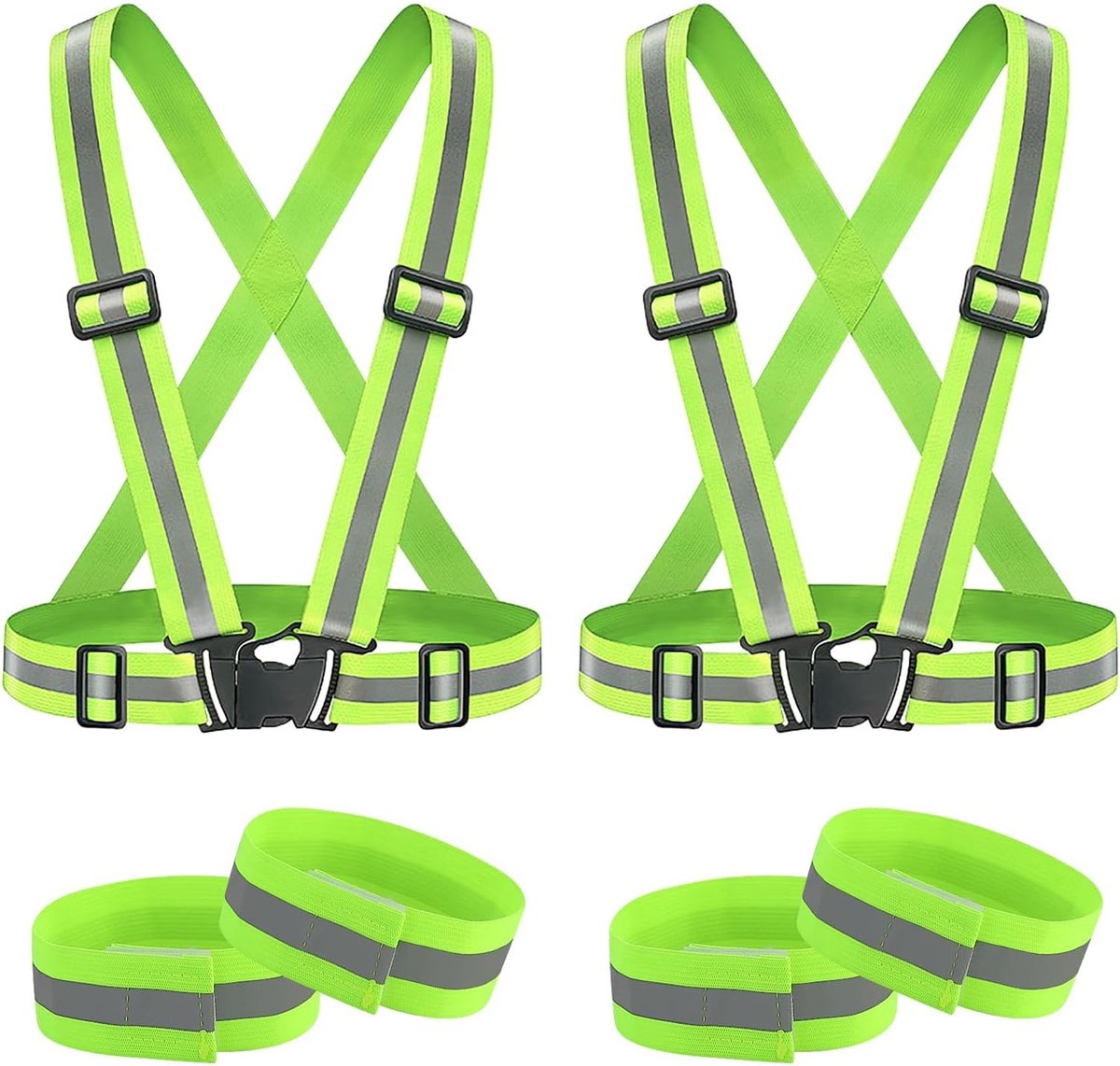 Two-piece reflective vest with 2 reflective armbands - High visibility reflective vest - Reflective safety vest - Adjustable lightweight elastic straps - Suitable for running, cycling and walking