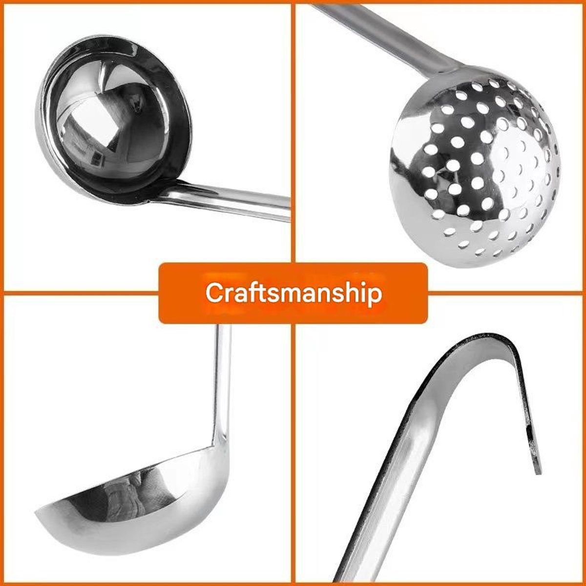 Two-piece set - Stainless steel soup ladle and sieve with hook - can be hung on the side of a pan - Soup ladle - Porridge spoon - Thickened household spoon - 25 cm