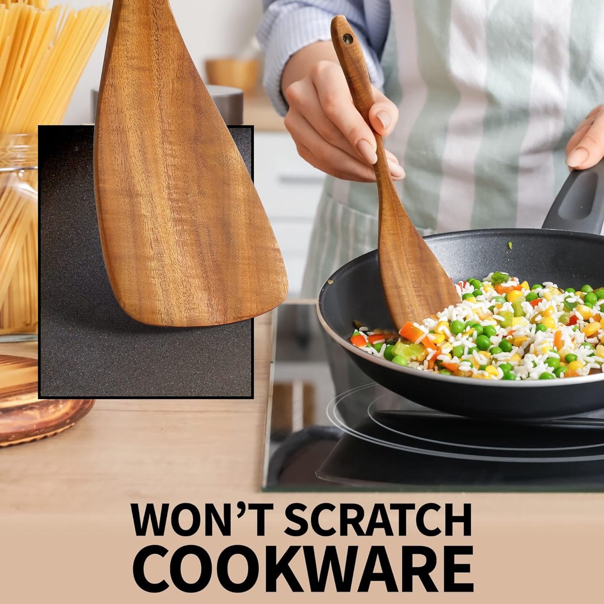 cookware set - 6-piece - Wooden kitchen utensils - Spoon and spatula set - lightweight non-stick cookware