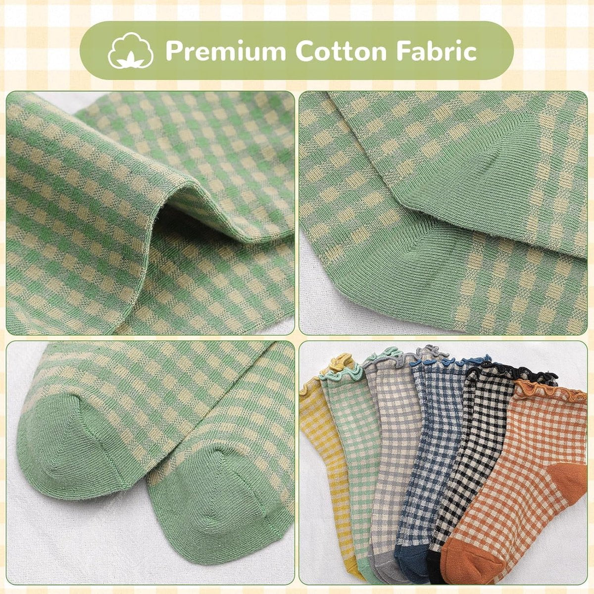 Socks - 6 Pairs of Pleated Socks for Women, Striped Pleated Socks, Cute Socks for Women - Checked Socks - Ankle Socks for Women - Cotton Knitted Socks - Sizes 5-9