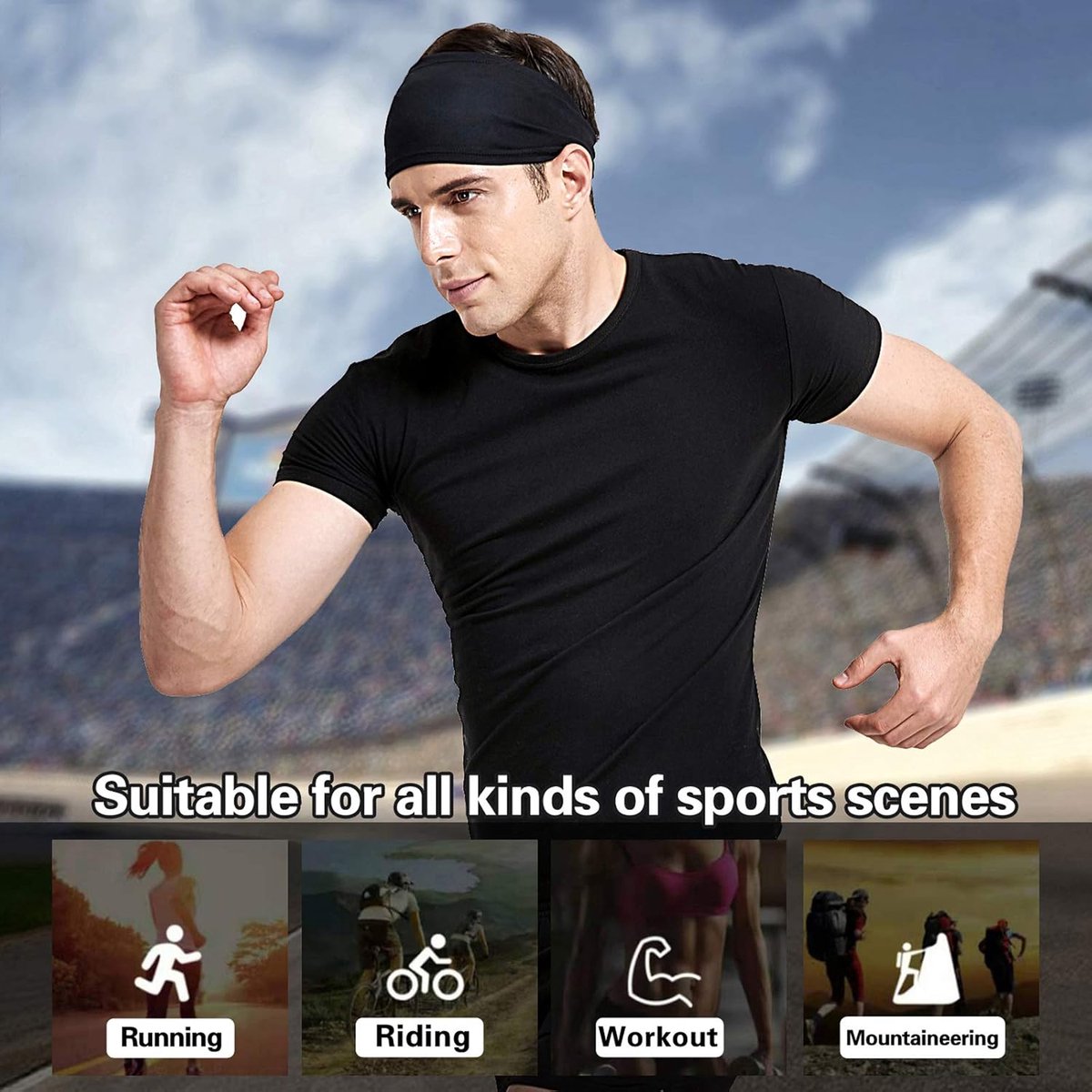5-Pack Running Headbands for Men - Sports Headbands for Men, Sweat-Wicking - Suitable for Running, Cycling, Basketball, Yoga and Fitness Training - Elastic Unisex Headbands