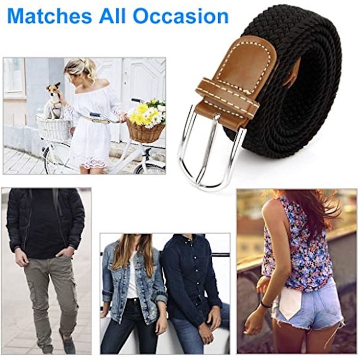 Women's Braided Belt - Stretch Canvas - Elastic Waistband - 2-Pack - No Holes