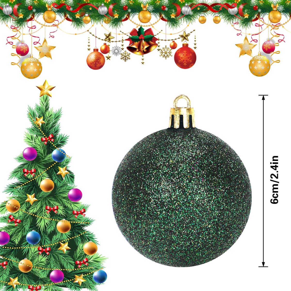 Christmas Baubles - 24 pieces - Large size, 6 cm diameter - Unbreakable plastic - Christmas tree decoration - Various Christmas bauble decorations suitable for weddings, Mother's Day party decorations (vegetable)