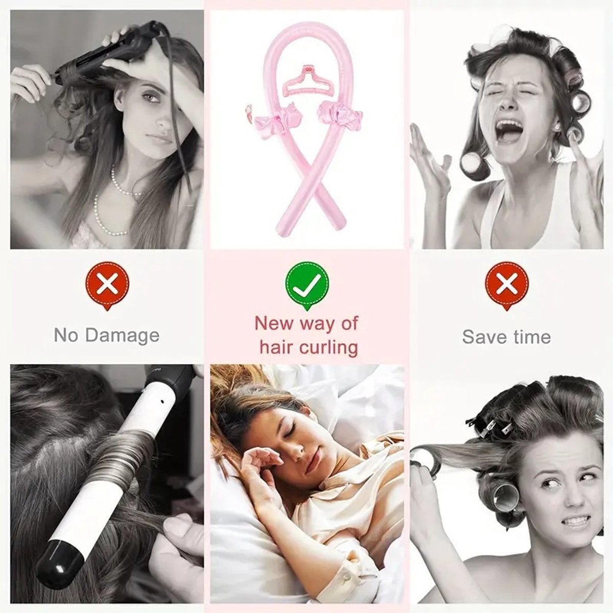 Set of 4 - Heat-Free Curling Iron - Curling Set for Home Use (Pink)