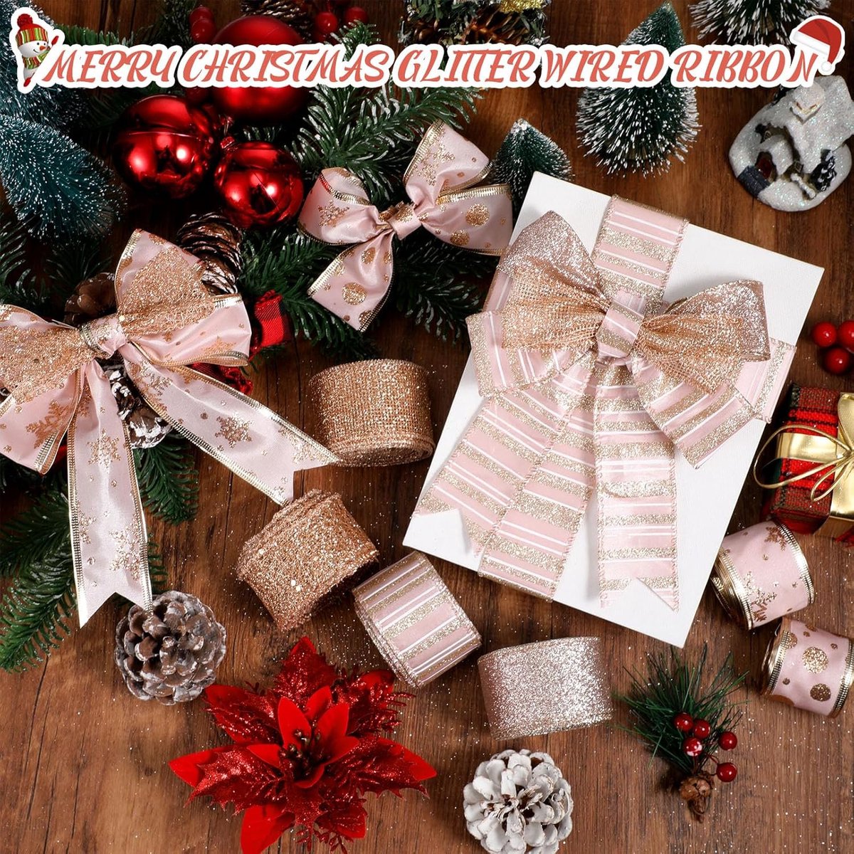 6 Rolls - Sparkling Gold Silk - Suitable for Christmas Trees, Gift Bows, DIY Crafts, Wreaths & Home Decor - 1.5" Wide x 19" Long (Rose Gold)