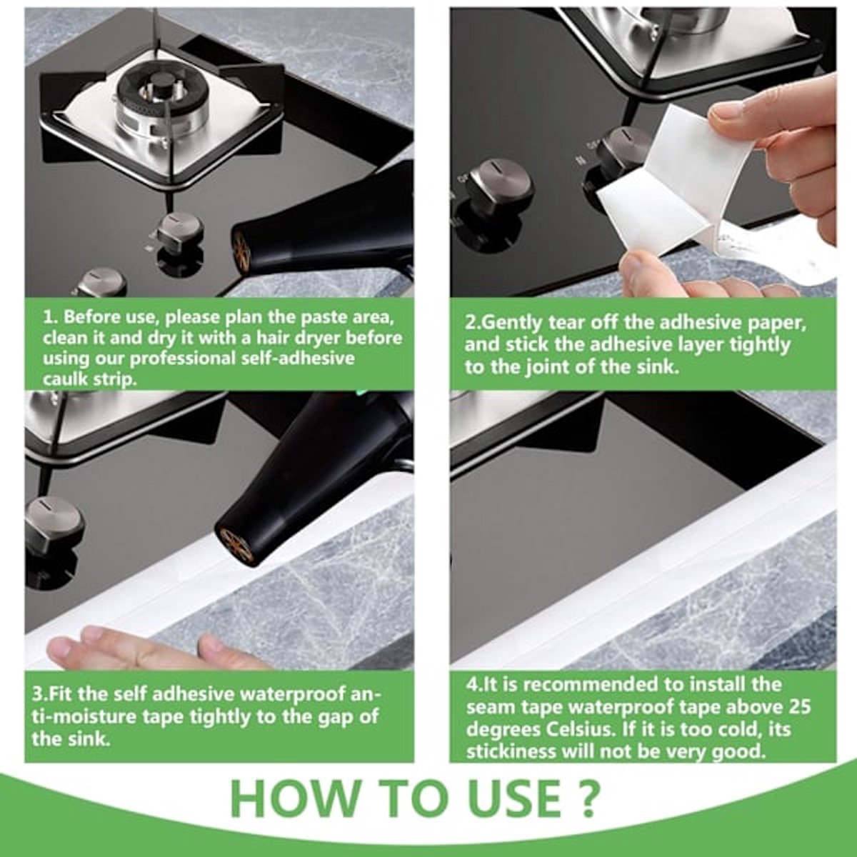 Waterproof Sealing Tape - for floors, walls, countertops, sinks, bathrooms, toilets and baths - 2-pack