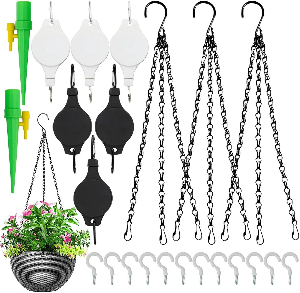 Plant Hooks - Retractable Plant Hanger - Easy-Access Hanging Flower Baskets - For Garden Baskets, Pots, and Feeders - Pack of 6