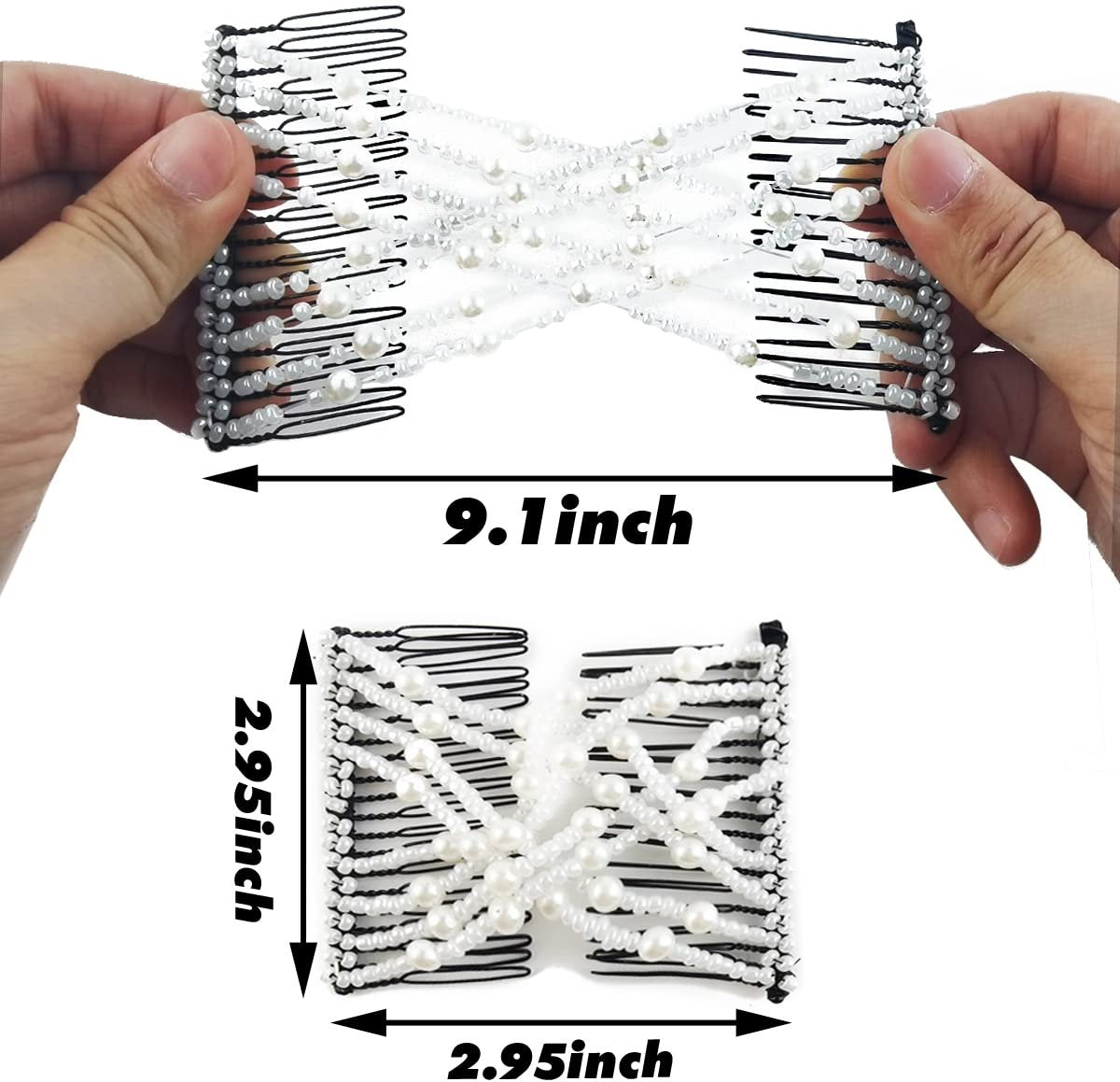 6-Pack Pearl Hair Combs - Elastic Magic Hairpins - Hair Clamps - Hair Clip - Black & White - For All Hair Types