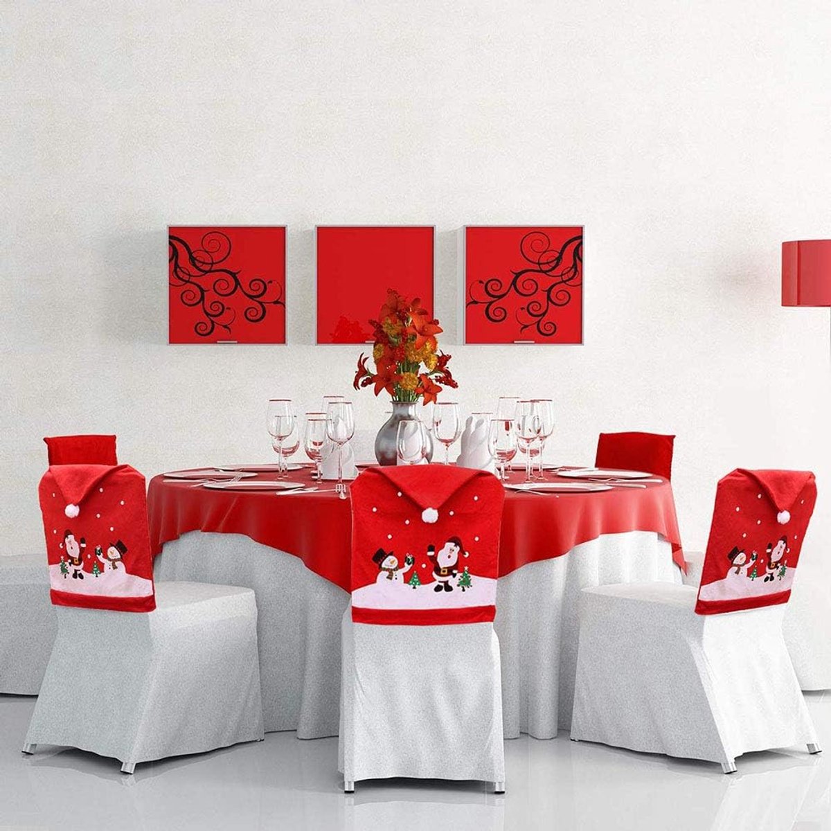 Chair Covers (4 Pieces) - Dining Chair Cover - Sofa Cover - Chair Covers - Christmas Chair Covers - Santa Claus and Snowman Red Hat Christmas Chair Back Cover Set - Perfect for Christmas Holiday Dining Table and Chair Decorations - Home Kitchen Party Deco