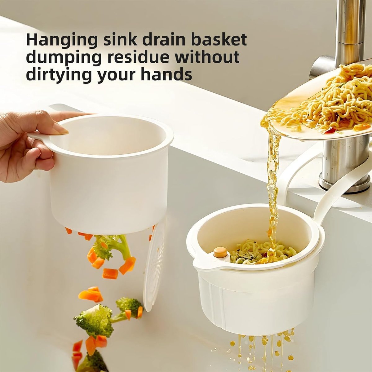 Kitchen drain strainer for the faucet - Multifunctional drain strainer for food waste - Tiltable with push mechanism - White