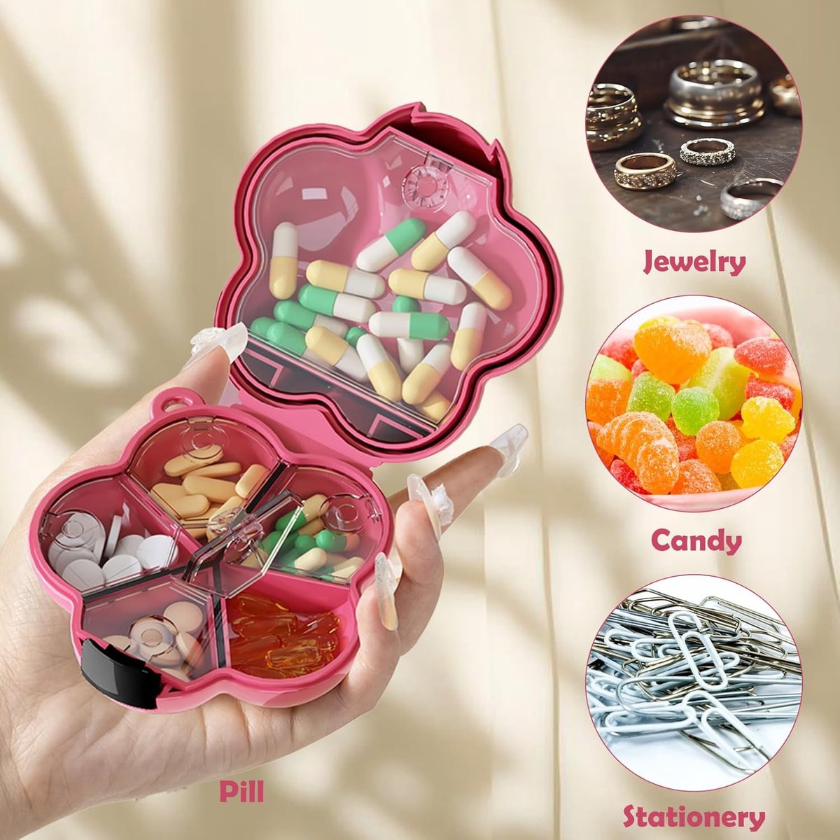 Mini Pill Box - Portable Jewelry Box - Flower-Shaped Storage Box - For storing small accessories - Suitable for boys and girls (Pink)