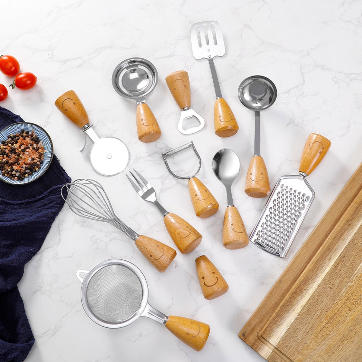 Kitchen Utensil Set - 12 Piece - Includes a peeler, egg separator, spoon, fork, pizza cutter, bottle opener, spatula, slotted spoon, grater, soup ladle, whisk and toothpick holder - The perfect gift for a housewife.