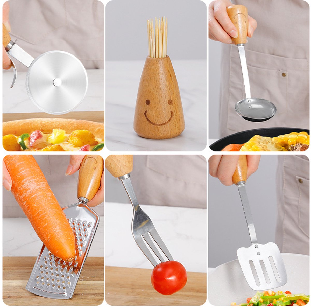 Kitchen Utensil Set - 12 Piece - Includes a peeler, egg separator, spoon, fork, pizza cutter, bottle opener, spatula, slotted spoon, grater, soup ladle, whisk and toothpick holder - The perfect gift for a housewife.