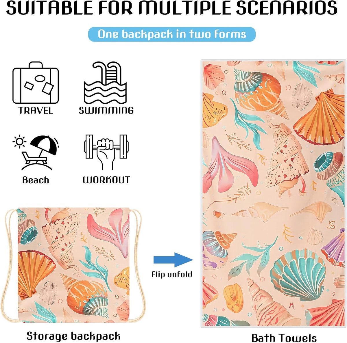 Beach Towel - 2-in-1 Foldable Beach Towel Backpack - Printed Bath Towel - Convertible Beach Mat & Carry Bag - Perfect Companion for Camping, Yoga & Travel(Shell)