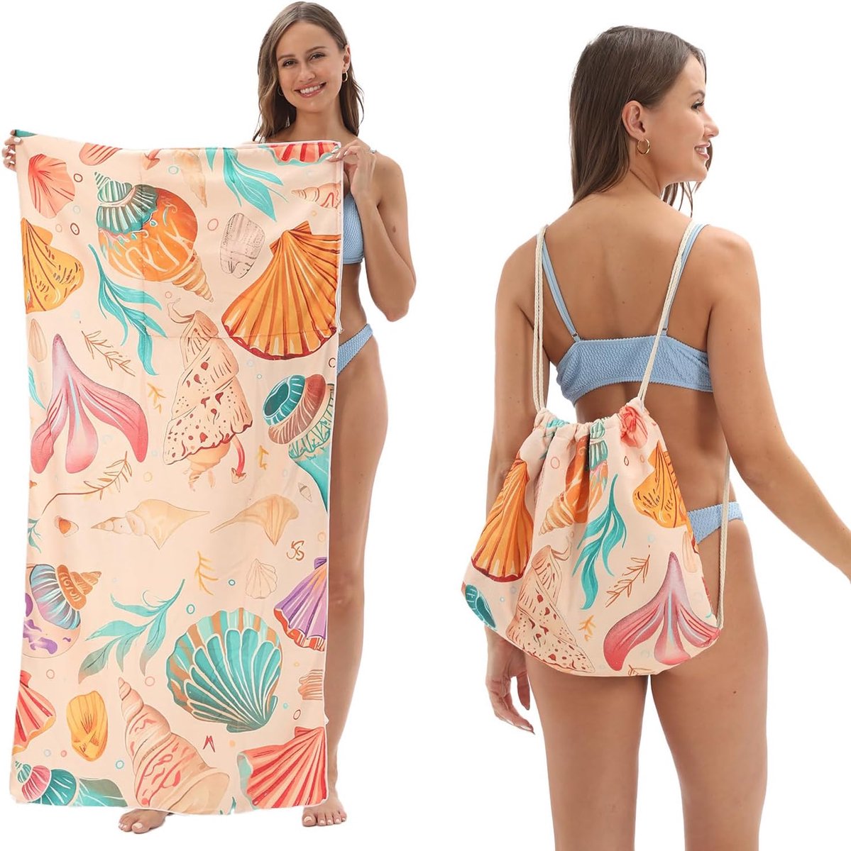 Beach Towel - 2-in-1 Foldable Beach Towel Backpack - Printed Bath Towel - Convertible Beach Mat & Carry Bag - Perfect Companion for Camping, Yoga & Travel(Shell)