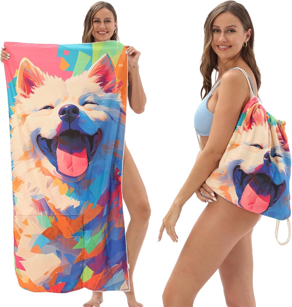 Beach Towel - 2-in-1 Foldable Beach Towel Backpack - Printed Bath Towel - Convertible Beach Mat & Carry Bag - Perfect Companion for Camping, Yoga & Travel(Pup)